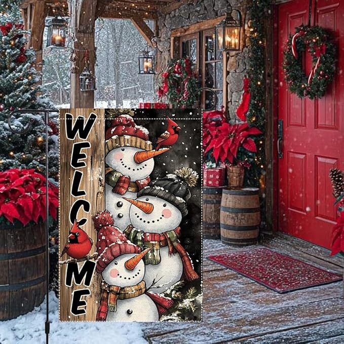 Winter Snowman Family Garden Flag Double Sided 12x18 Inch Small Burlap Outdoor Yard Decoration Holiday Welcome Banner with Cardinals
