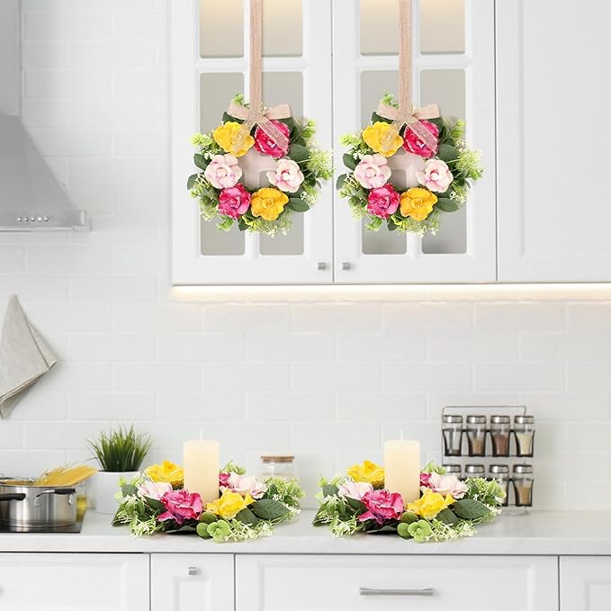 6 Pcs Artificial Rose Wreaths for Kitchen Cabinet Mini Floral Wreath Colourful Roses Hanging Wreaths for Pillar Front Door Porch Wall Window Farmhouse Decoration
