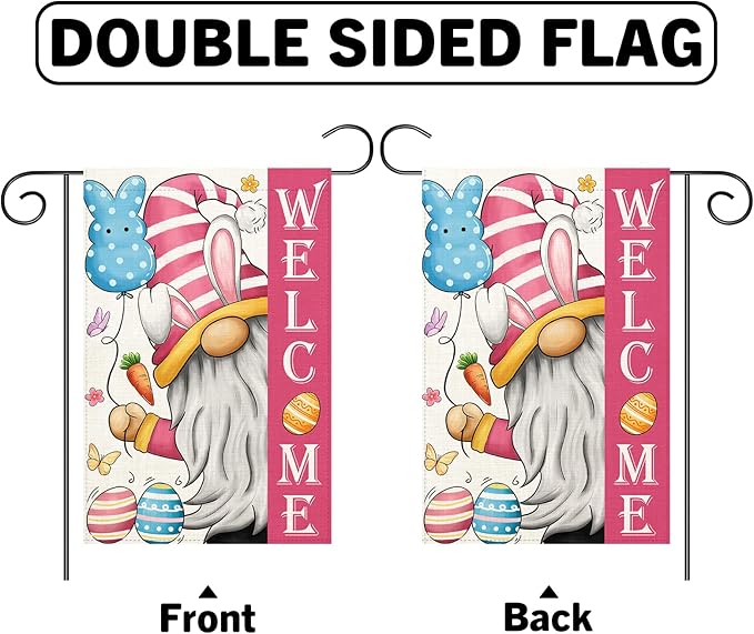 Welcome Easter Gnome Garden Flag 12×18 Inch Double Sided Vertical Spring Yard Outdoor Holiday Yard Lawn Garden Banner (Easter Garden Flag)