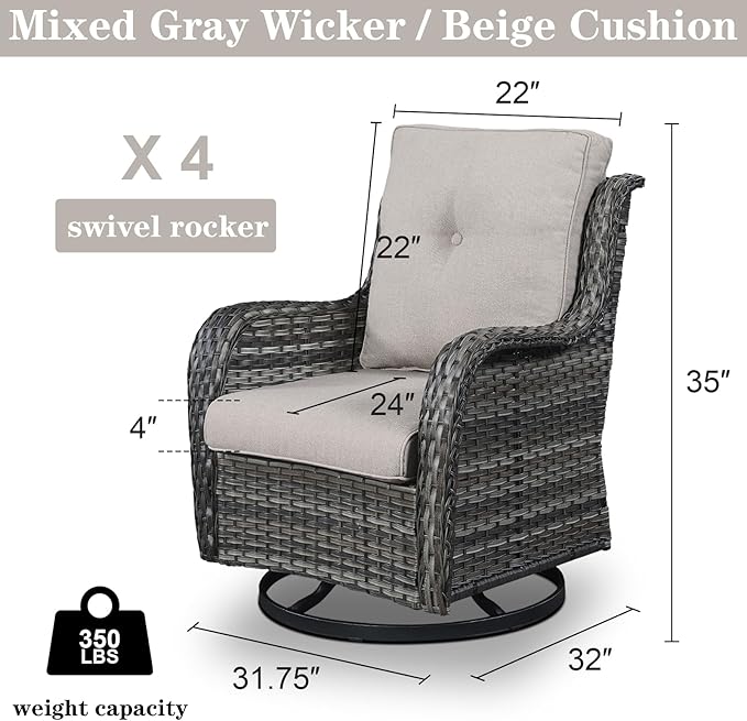 Belord Wicker Chairs 4 PC Outdoor Swivel Rocker Set, Patio Swivel Glider Chairs Set of 4, Grey Wicker Outdoor Furniture with Beige Cushions for Patio Porch Deck Sunroom