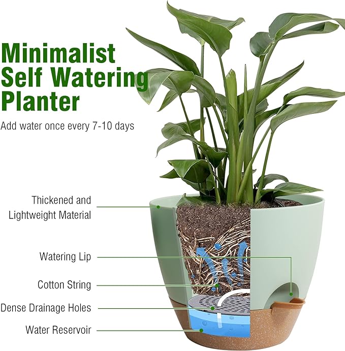 WSMKSZ 12 inch Large Self Watering Pots, Flower Plant Pots with Drainage Holes for Indoor Outdoor Garden Plants, Plastic Planters with Removable Deep Reservoir, Green with Brown