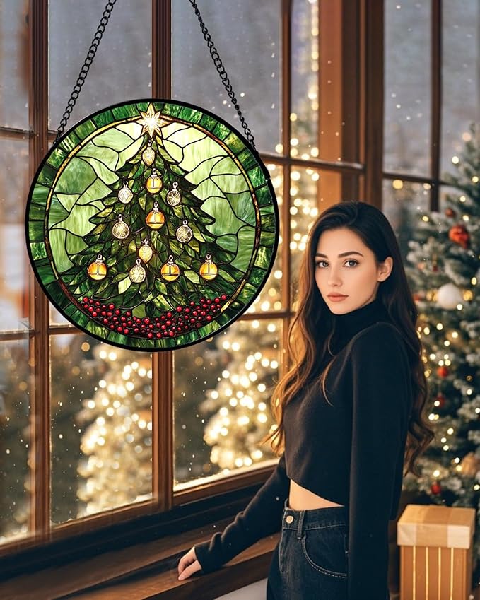 DASTOLL Stained Glass Window Hanging - Green Christmas Tree Golden Bells Suncatcher for Doors Home Christmas Decoration Sun Catcher Thanksgiving New Year Birthday Gift for Women Men Mom Nana 11.8 in