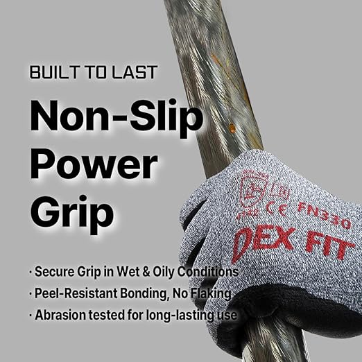 DEX FIT Nitrile Coated Work Gloves FN330-3D-Comfort Stretchy Fit, Firm Grip, Thin & Lightweight, Touchscreen Fingers, Protective & Durable, Breathable, Machine Washable; Grey XS (6) 12 Pairs