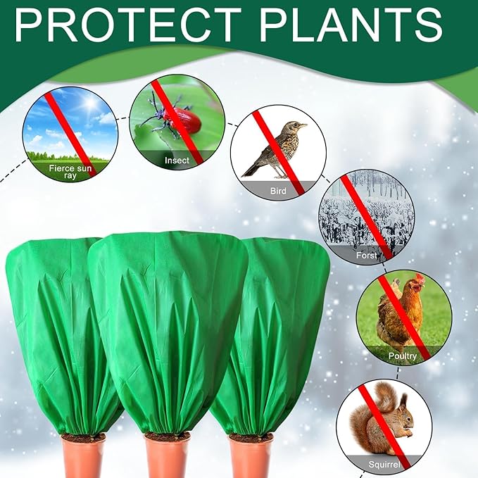 EYNDYN 8 Pcs Plant Covers Frost Protection Bag 39.3" x 39.3" Winter Reusable Plants Jacket with Drawstring Shrub Protection Wraps Bags Frost Blanket for Winter Outdoor Garden Plants