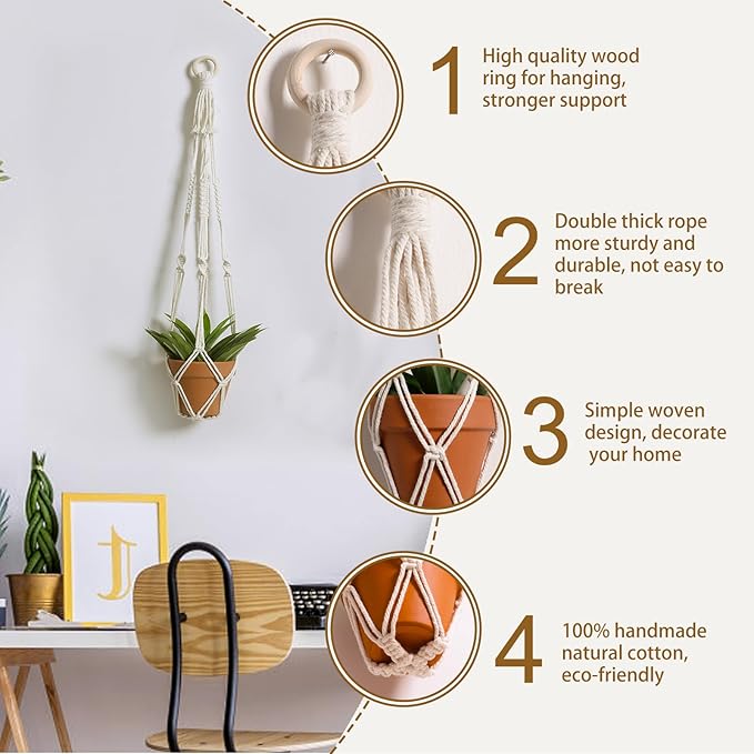 Artilady Plant Hanger Indoor Macrame Hanging Planters for Plants Holder Boho White Basket No Tassels Farmhouse Rustic Window Wall Decor (White Planter)