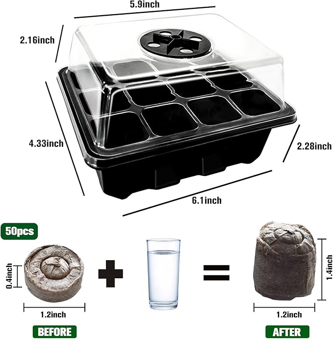 Halatool 4 Pack Seed Starter Tray with 50 PCS Peat Pellets, 48 Cells Black Seeding Starter Trays for Organic Seed Starter Soil Pods for Planting Vegetables Plants Flowers - Starting Seeds Kit