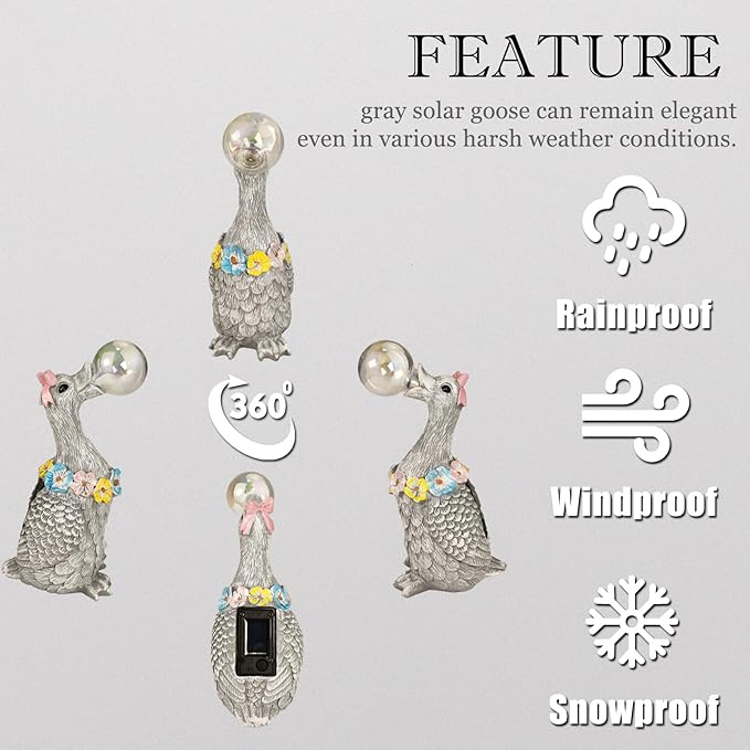 Porch Goose Statue with Solar Bubble Light Garden Gray Figurine Decor for Yard Lawn Patio Outdoor Decorations Housewarming Gifts for Mom Grandma Women