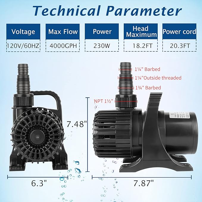 WaterRebirth (4000GPH-230W,UL listed) Large Fountain Submersible Water Pond Sump Pump Aquarium Electric Waterfall Pump Outdoor PS- 4000