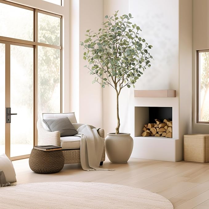 Nafresh Tall Eucalyptus Tree Artificial，8ft(96in) Faux Eucalyptus Tree with Realistic Silk Leaves， Fake Trees Indoor Outdoor for Home Office Living Room Bedroom Foyer Porch Decor.