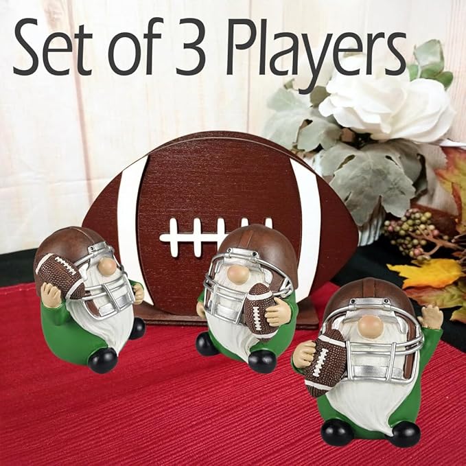 Hanna's Handiworks Little Football Rugby Gnomes - Resin Statues Home Decor for Indoor Tabletop or Outdoor Covered Garden - Sports-Theme Figurine for Centerpiece Display, Parties, Gifts - Set of 3