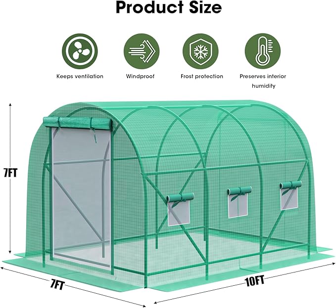 10x7x7 FT Greenhouse for Outdoors with Watering System, Winter Portable GreenHouses with Dual Zippered Door and 6 Roll-up Windows, Large Walk-in Green Houses with Heavy Duty Reinforced Frame