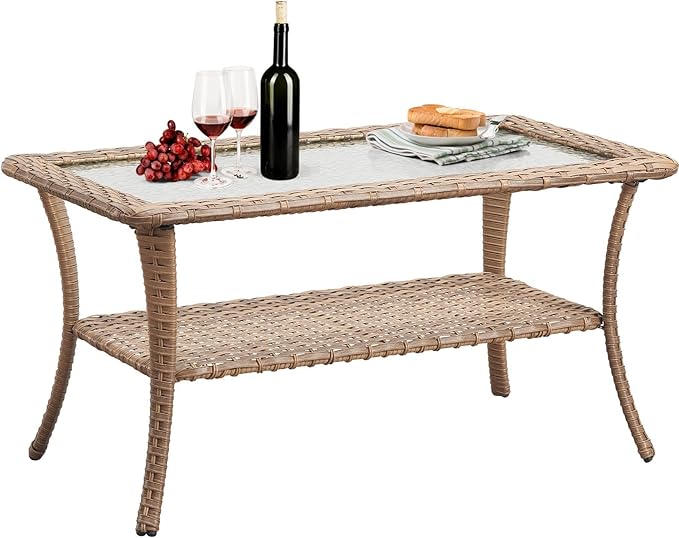 Belord Outdoor Coffee Table for Patio - 40 Inch Rattan Patio Coffee Table with 2-Layer Storage, Rectangular Tempered Glass Outdoor Wicker Table for Porch Balcony Deck Yellow