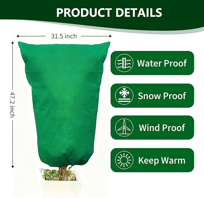 Plant Covers Freeze Protection, 5 Pack Frost Covers with Zipper Drawstring (31.5" x 47.3") Plant Protection Cover Bags for Outdoor Winter Frost Cold Weather Shrubs Trees Jacket Covers, Green