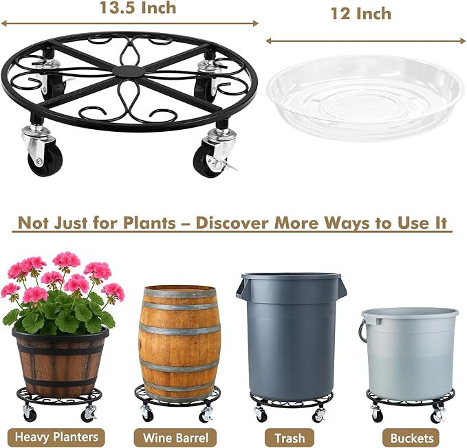 4 Pack Plant Caddy with Wheels 13.5 Inch Rolling Plant Stand for Large Plants Heavy Duty Plant Rollers Metal Plant Dolly Rustproof Planter Stand Wrought Iron Plant Stands Flower Cart Indoor Outdoor
