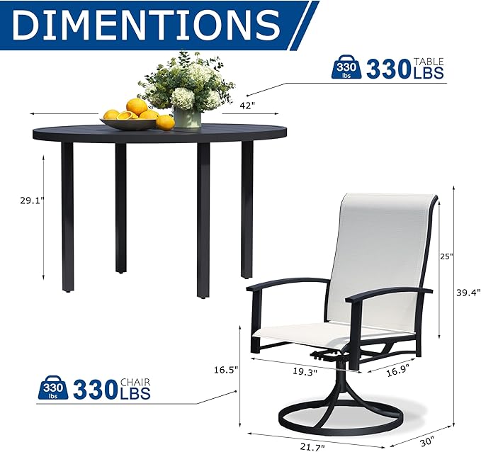 5 Pieces Outdoor Table and Chairs for 4, 42" Black Round Table with 4 Oyster Beige Swivel Chairs, Patio Set with Swivel Chair, Garden Tables for Outdoor, Patio Dining Set for Lawn Backyard Poolside