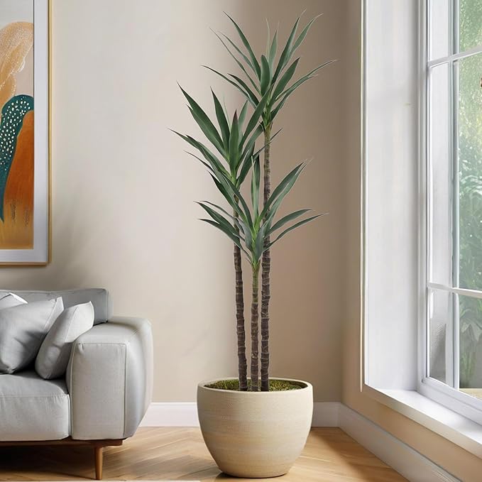 Artificial Tree 5.3ft Faux Agave Plant with 45 Leaves and 3 Realistic Trunks,Fake Floor Potted Artificial Tall Plants for Home Office Garden Decor Indoor (5.3Feet,1Pack)