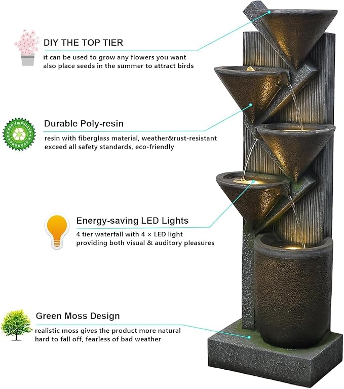 49.6" Tall Outdoor Water Fountain 5-Tier Garden Watefall Fountains Floor Standing Water Fountains with LED Lights&Pump for Garden, Living Room, Patio with Natural Stone