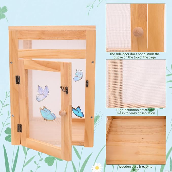 Yohsnor Butterfly Habitat Cage Kit - 15.7" Monarch Caterpillar House with Wooden Frame & Mesh Enclosure, Grow Tent for Hatching Butterflies, Kids Observation & Garden Insect Cages (Includes Guide)
