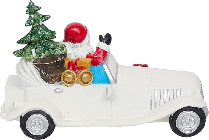 Alpine Corporation 7" Tall Merry Christmas Santa in Vintage White Car Statue with LED Lights, Holiday Decoration for Tabletop, Shelf, Mantel, or Entryway Display