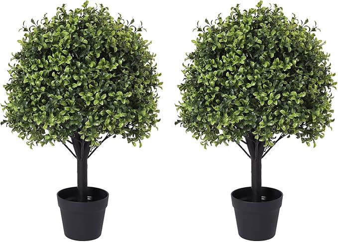 Azoco 27“ Realistic Artificial Boxwood Topiary Trees Set of 2, Faux Plants Outdoor UV-Resistant, Fake Evergreen Bushes & Shrubs for Front Porch Outside Planter Decor
