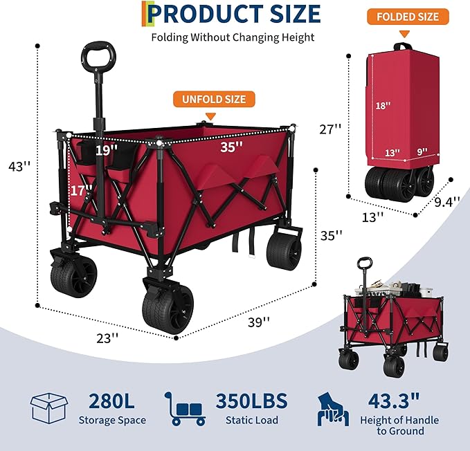 GarveeLife Heavy Duty Utility Beach Wagon Cart, Collapsible Wagon Beach with All Terrain Wheels, Extra Long WagonCart Foldable with Cup Holders for Sand