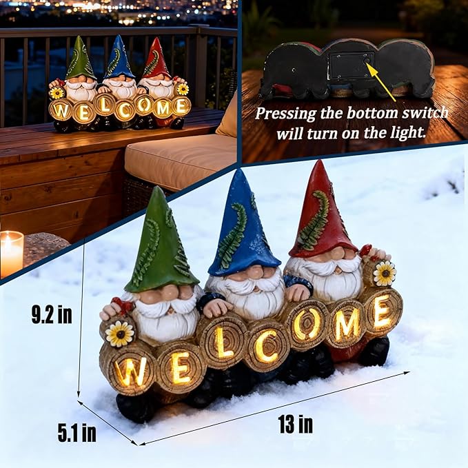 Garden Gnomes Solar Powered Welcome Statue, Outdoor Patio Yard and Garden Decor, Durable Resin, Perfect as, Unique Gifts for Women, Gifts for Grandkids and mom