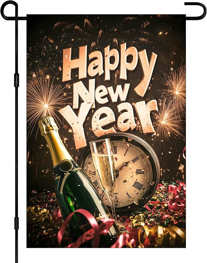 Happy New Year Garden Flag 12x18 Inch Countdown Clock Winter Holiday Yard Decor Seasonal Banner Outdoor Champagne Celebration Lawn Sign Double Sided Polyester For Girls or boys gifts