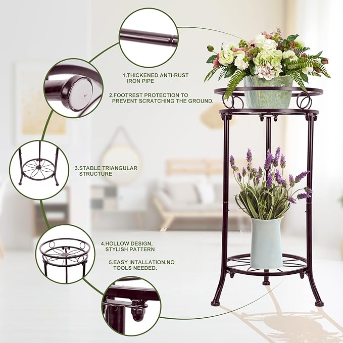 YHIJURS 2 Tiers Plant Stand Indoor Outdoor, 20.3'' Metal Tall Potted Plant Flower Stands,Heavy Duty Rustproof Corner Display Rack, Flower Pot Shelf Planter Holder Decor for Home Garden Office-Bronze