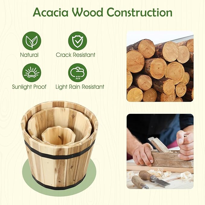 Giantex Set of 3 Barrel Planters, Outdoor Acacia Wood Raised Garden Bed for Flower Vegetable Fruit, Whiskey Bucket Shape Planter Boxes in Different Sizes for Patio Porch Balcony Yard (Natural)