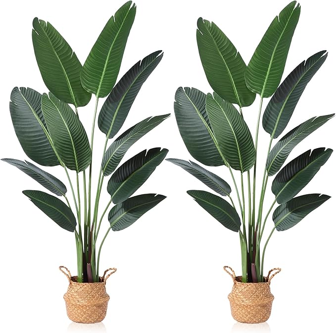 Artificial Bird of Paradise Plants 5 Ft Fake Tropical Tree with Woven Basket, Faux Banana Leaf Plant for Home Indoor Outdoor Office Modern Decor Green 2 Set