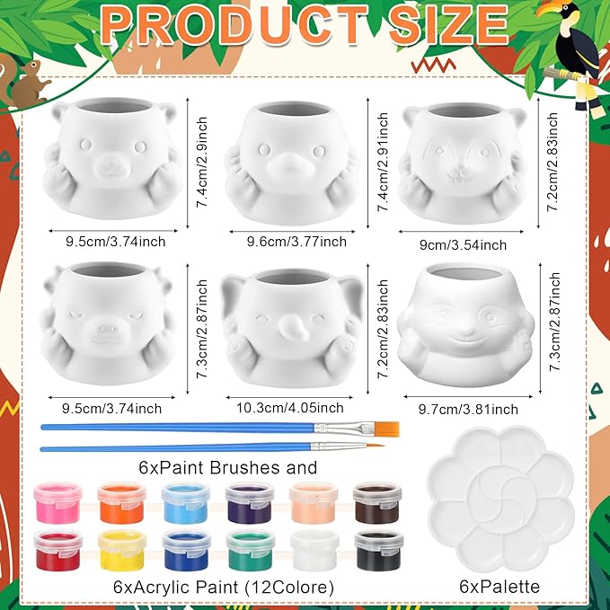 Chuangdi 6 Sets DIY Ceramic Succulent Pots Paint Animal Planters Unpainted Plant Flower Pot Paintable Ceramic Painting Kit Drainage Hole Color Paints Paintbrushes Palettes for Craft(Novel Style)