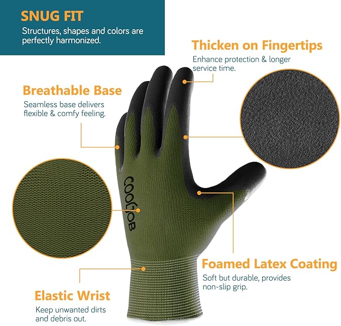 COOLJOB Gardening Gloves for Men, 6 Pairs Breathable Rubber Coated Garden Gloves for Weeding Landscaping, Outside Work Gloves for Lawn Yard, Men’s Medium Size, Black & Green (Half Dozen M)