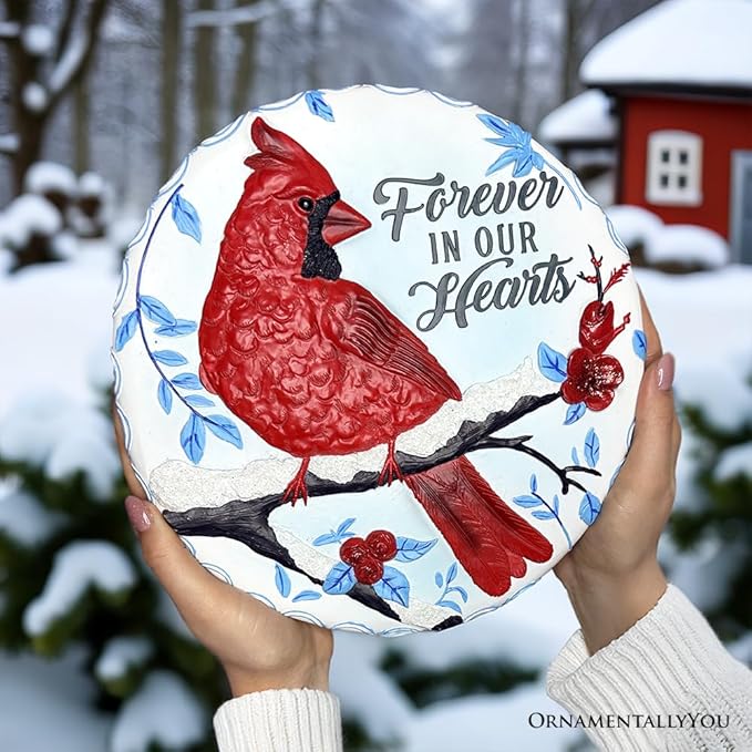 OrnamentallyYou Elegant Resin Stepping Stone, Outdoor Garden Pathway Decoration (Forever in Our Hearts Cardinal Stepping Stone, 9.5" Winter Garden Decorative Resin Figurine)