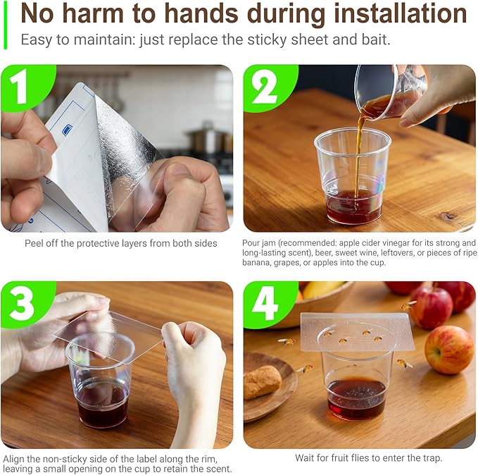 Fruit Fly Trap Covers, Double-Sided Sticky Adhesive Cards for Gnats, Fruit Flies, Moths, Kitchen Insect Control (49Pcs)