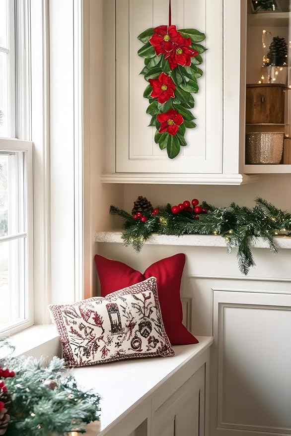 Christmas Poinsettia Teardrop Swag – 28" Artificial Magnolia Leaf Hanging Door Decoration – Holiday Front Door, Fireplace & Stairway Décor for Wedding Christmas Thanksgiving