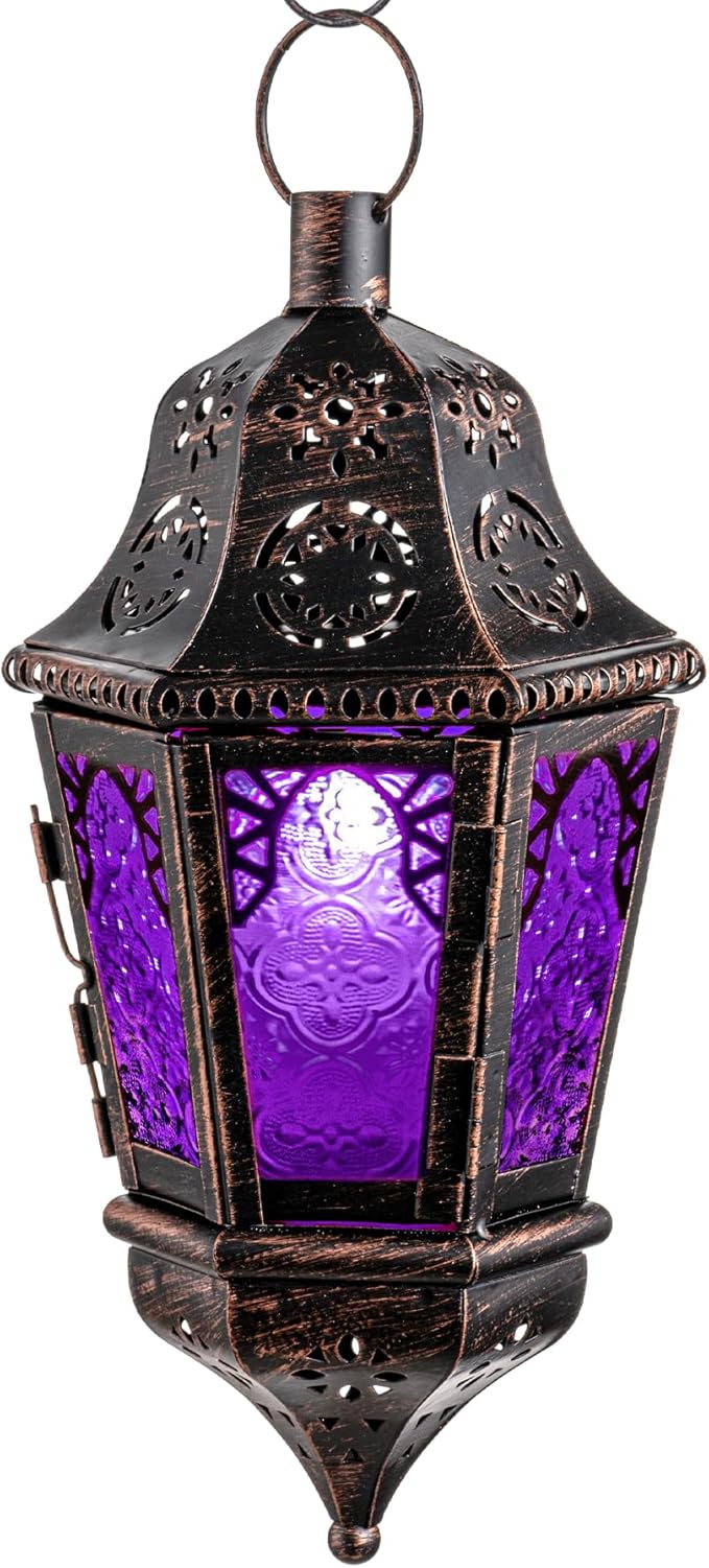 DECORKEY Moroccan Decorations Indoor, 13.6’’ Lantern Decorative Outdoor, Halloween Style Hanging Lantern with Chian for Home Porch Patio Decor, Vintage Metal Christmas Ramadan Candle Holders(Purple)