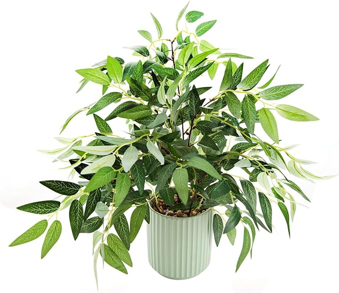 EZBOHO 16" Artificial Willow Leaf Plant in Ribbed Ceramic Pot Lifelike Faux Potted Greenery for Indoor Home Office Table Shelf Living Room Bedroom Bathroom Decor