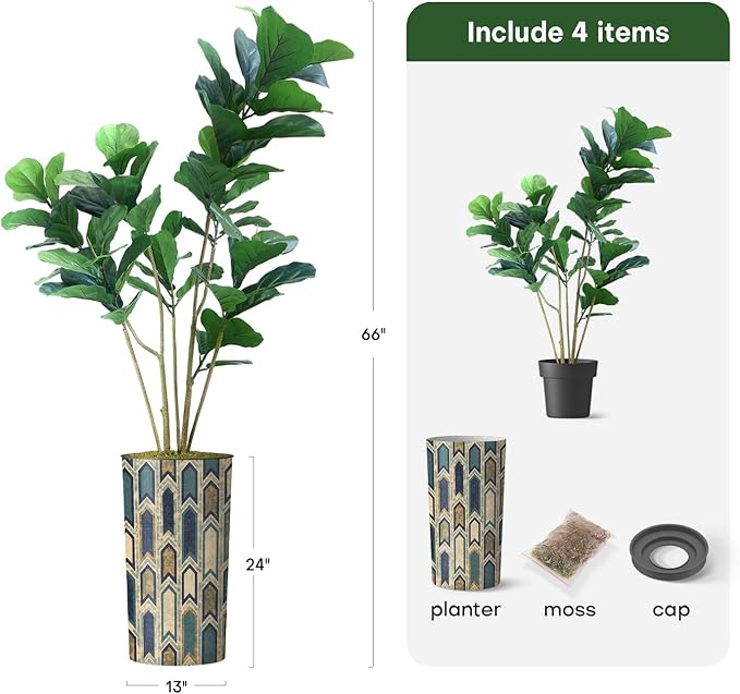 Artificial Tree in Modern Polygon Pattern Effect Planter, Fake Ficus Lyrata Silk Tree for Indoor and Outdoor Home Decoration - 66" Overall Tall (Plant Pot Plus Tree)