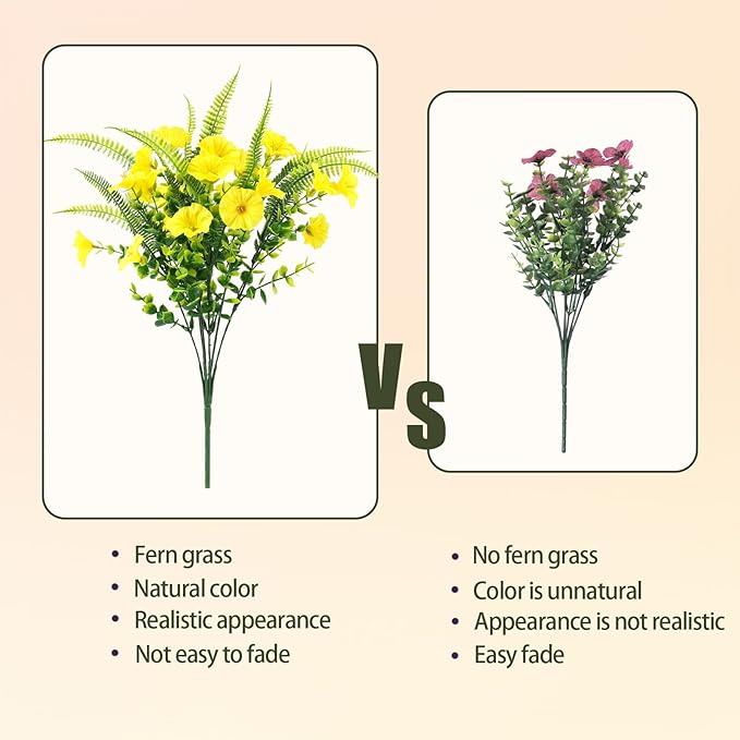 HIAGROW Artificial Flowers Outdoors 12 Bundles Yellow Artificial Petunias Fake Flowers UV Resistant Shrubs Plants with Fern for Indoor Outside Hanging Planters Home Garden Summer Decorations