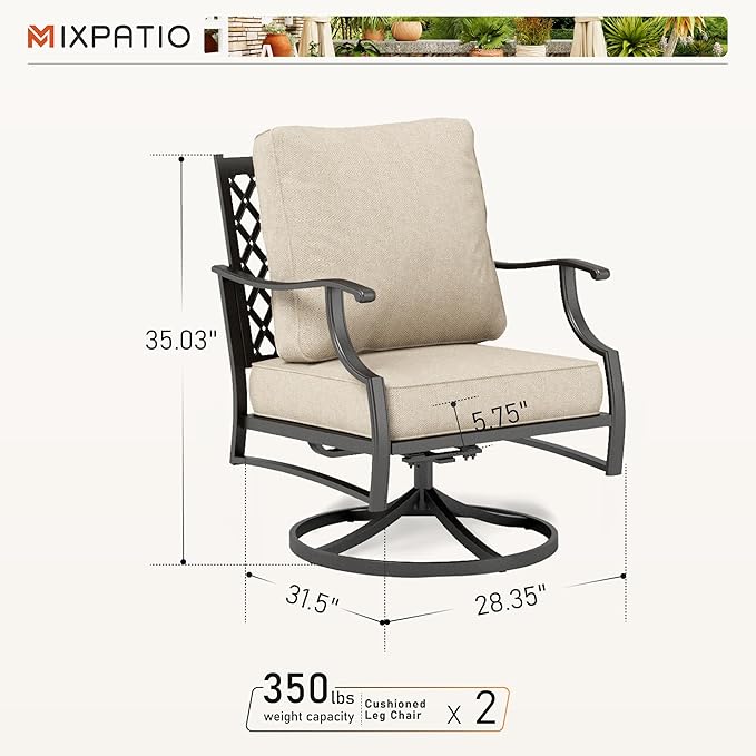 Swivel Patio Chairs Set of 2, High Back Outdoor Swivel Patio Metal Chairs with 5.75" Thick Cushions for Bistro Balcony Porch Deck and Yard, Beige