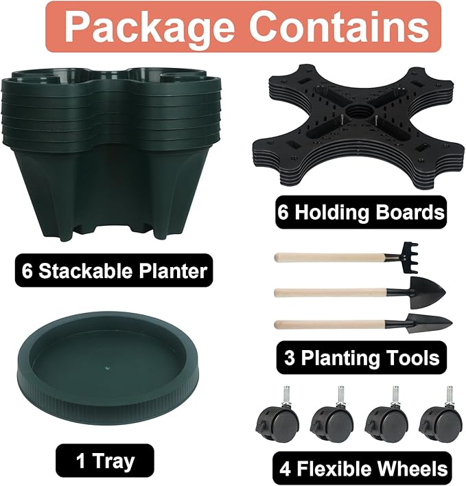 GameXcel Vertical Planter 6 Tier Stackable Planters Garden Planters Strawberry Herb Flower and Vegetable Planter Indoor Outdoor Gardening Pots with Removable Wheels and Tools 2-Pack