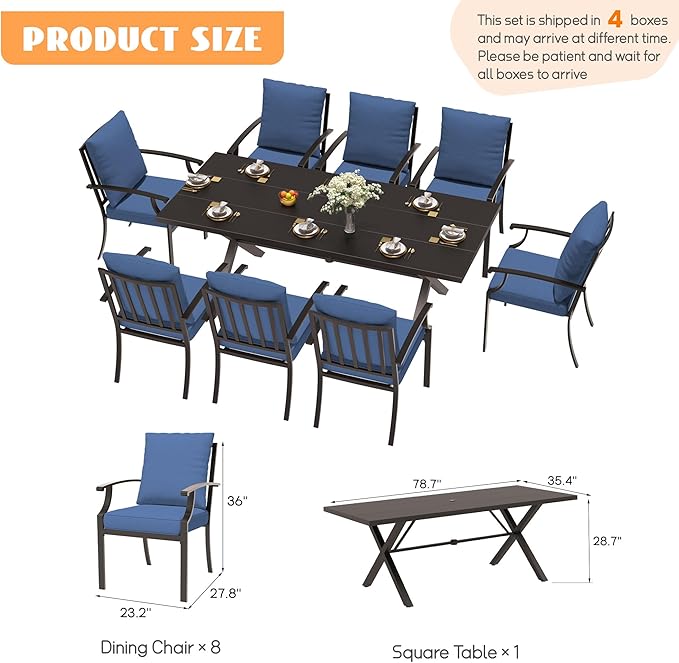 9-Piece Patio Dining Set Outdoor Conversation Set,Metal Outdoor Furniture Set with Umbrella Hole Cut-Out 78.7" x 35.4" Table and 8 Metal Backrest Chairs for Backyard,Garden,NavyBlue