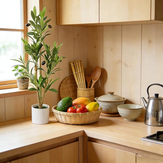 28" Fake Olive Tree with Pot Indoor, Small Artificial Olive Branches Stems Potted Greenery Faux Green Plants in Pot for Tabletop Desk Office Bedroom Bathroom Kitchen Living Room Home Decor