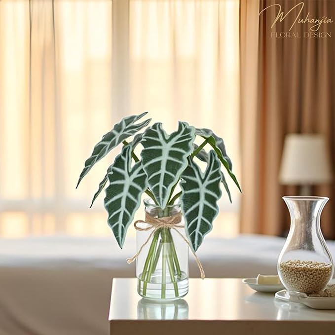 Muhanjia Artificial Flowers Turtle-Back, Alocasia Leaf, in Glass Vase with Faux Water,7Pcs Artificial Leaves Real Touch Latex Leaves for Centerpiece (2, Alocasia Leaf)