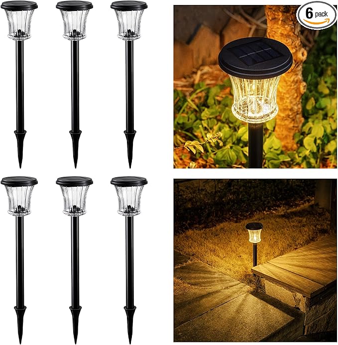 OPOIRA Glass Solar Pathway Lights Outdoor Waterproof, Decor Landscape Lighting with Modular Design, 3000K LED, Auto On/Off Solar Stake Light for Yard Garden Driveway Walkway Lawn, Warm White (6 Pack)