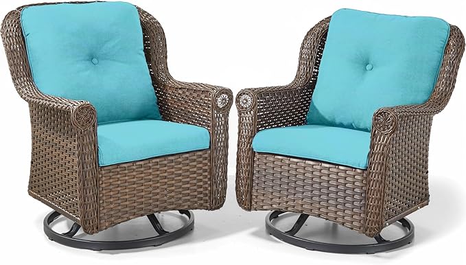 Patio Chairs Outdoor Swivel Glider - Set of 2 High Back Outside Brown Wicker Rattan Rocking Chair with Thick Cushion for Porch Apartment Deck Yard Poolside Garden - Turquoise