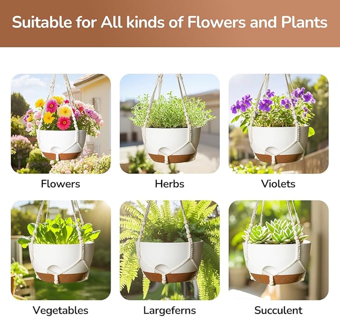 LESOASIS 12 Inch Hanging Baskets for Plants Outdoor, Hanging Planters for Indoor Outdoor Plants, Hanging Planter with Self Watering, Hanging Flower Pots (White Planter with Macrame + Iron Hangers)