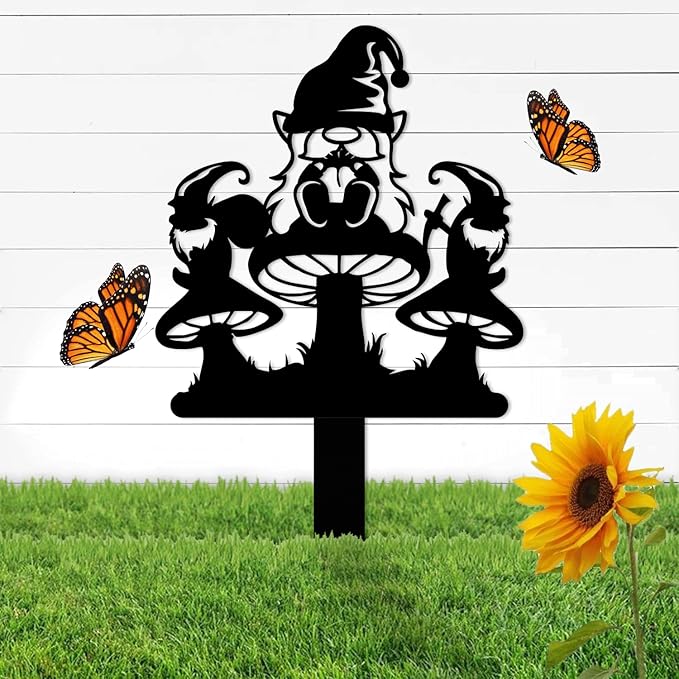 Magilab Personalized Iron Yard Stake - Christmas Cute Gnome Dwarves Decor, 8-Inch Black Metal Garden Sign for Outdoor (Style S)