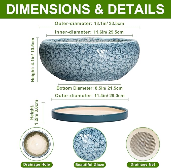 EPFamily Large Succulent Planters - 13 Inch Ceramic Bonsai Pots with Drainage Hole and Saucer, Shallow Plant Pots Indoor Outdoor, Large Planter Bowl, Round Planter, Garden Decor, Gardening Gift, Blue