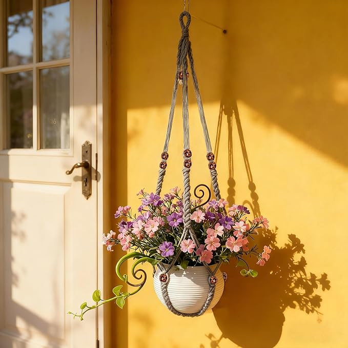 HOREAKHJ 35 Inch Macrame Plant Hanger, Large for up to 15 Inch Pot Extra Long Hanging Planter Holder Basket with Wood Beads for Indoor Outdoor Home Decor (Grey, 2-Pack)